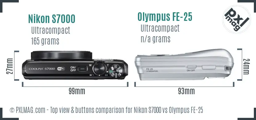 Nikon S7000 vs Olympus FE-25 top view buttons comparison