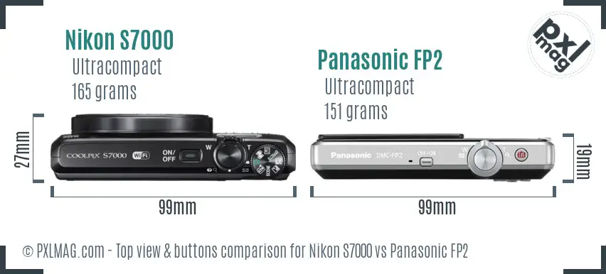 Nikon S7000 vs Panasonic FP2 top view buttons comparison