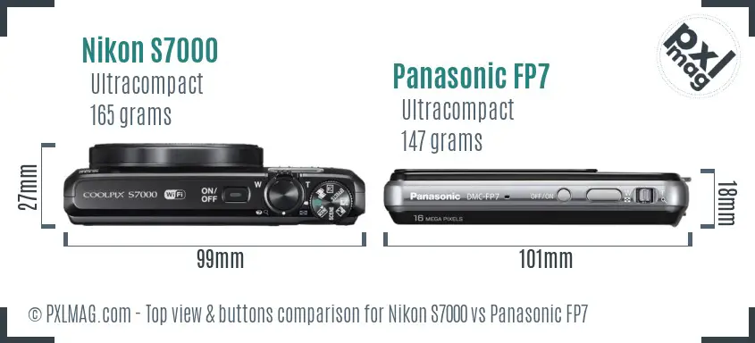 Nikon S7000 vs Panasonic FP7 top view buttons comparison