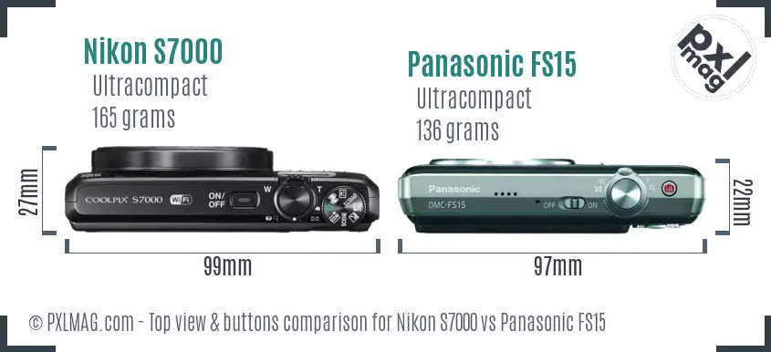 Nikon S7000 vs Panasonic FS15 top view buttons comparison