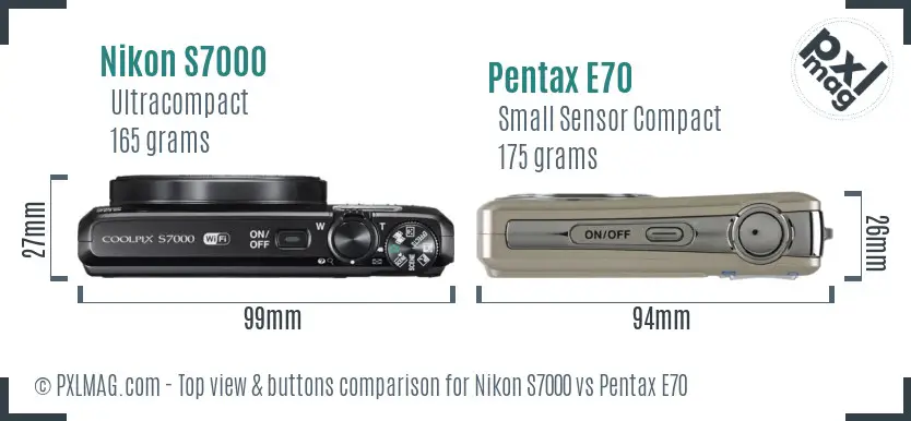Nikon S7000 vs Pentax E70 top view buttons comparison