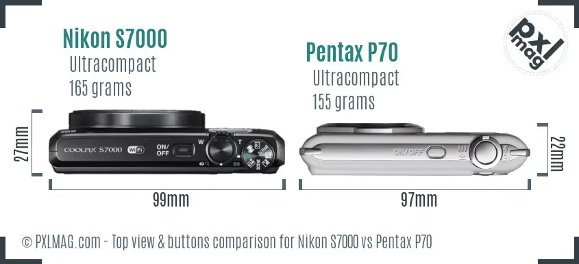 Nikon S7000 vs Pentax P70 top view buttons comparison