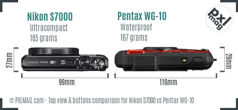 Nikon S7000 vs Pentax WG-10 top view buttons comparison