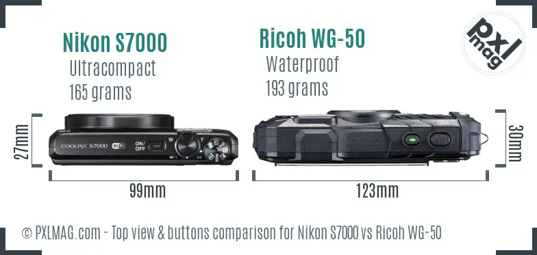 Nikon S7000 vs Ricoh WG-50 top view buttons comparison