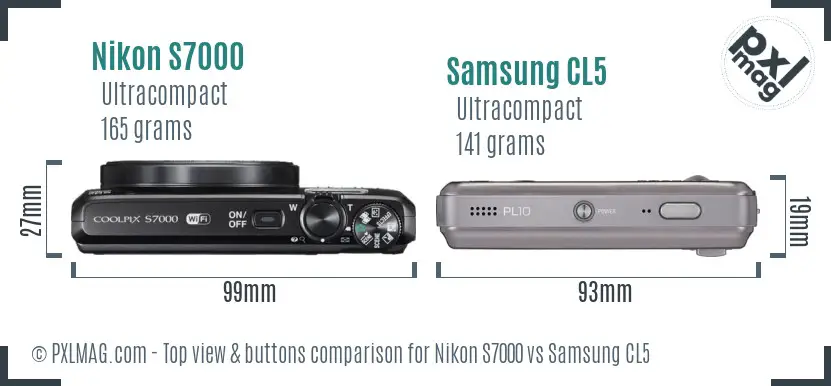 Nikon S7000 vs Samsung CL5 top view buttons comparison