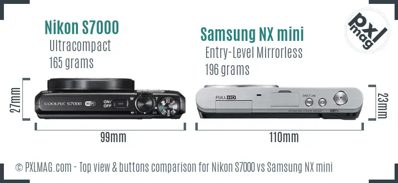 Nikon S7000 vs Samsung NX mini top view buttons comparison
