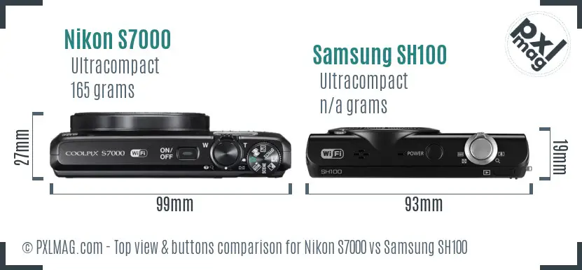 Nikon S7000 vs Samsung SH100 top view buttons comparison