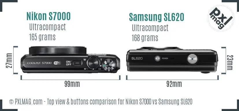 Nikon S7000 vs Samsung SL620 top view buttons comparison