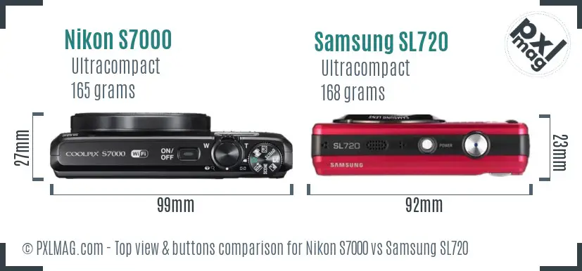 Nikon S7000 vs Samsung SL720 top view buttons comparison