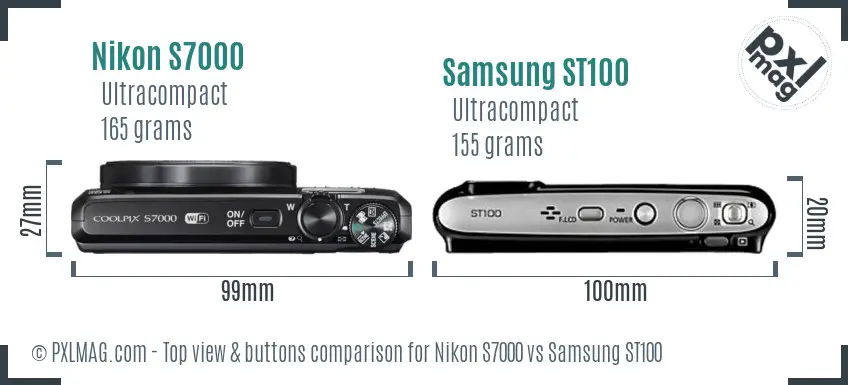 Nikon S7000 vs Samsung ST100 top view buttons comparison