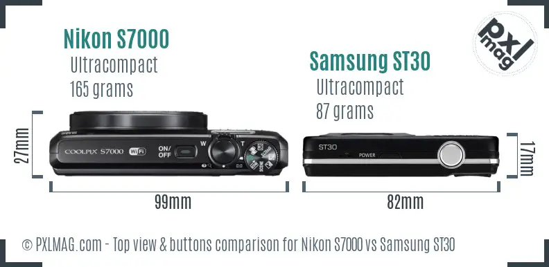 Nikon S7000 vs Samsung ST30 top view buttons comparison