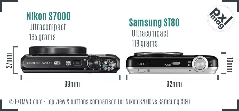 Nikon S7000 vs Samsung ST80 top view buttons comparison