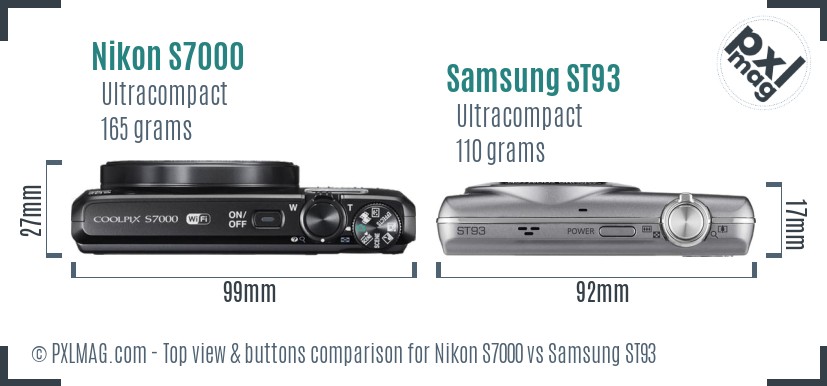 Nikon S7000 vs Samsung ST93 top view buttons comparison