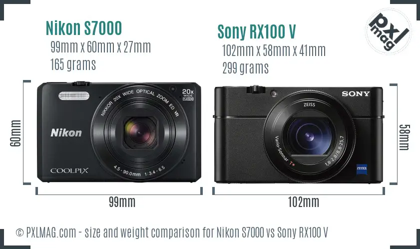 Nikon S7000 vs Sony RX100 V size comparison