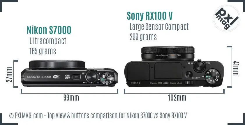 Nikon S7000 vs Sony RX100 V top view buttons comparison