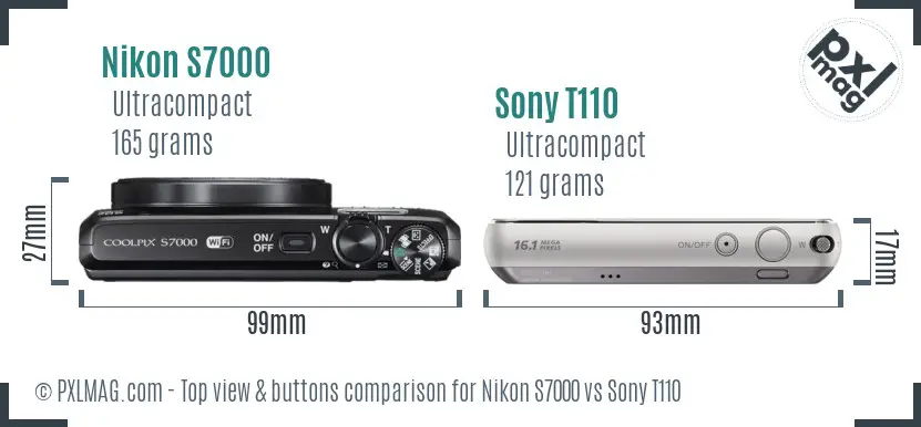 Nikon S7000 vs Sony T110 top view buttons comparison