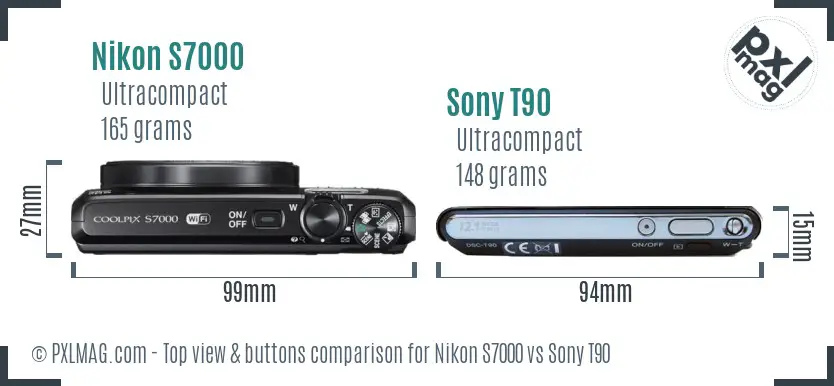 Nikon S7000 vs Sony T90 top view buttons comparison Nikon S7000 vs Sony T90 top view buttons comparison