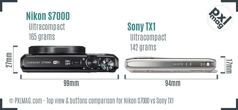 Nikon S7000 vs Sony TX1 top view buttons comparison Nikon S7000 vs Sony TX1 top view buttons comparison