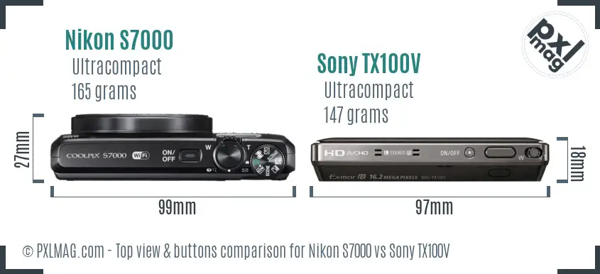 Nikon S7000 vs Sony TX100V top view buttons comparison Nikon S7000 vs Sony TX100V top view buttons comparison