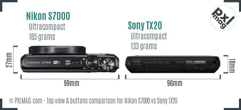 Nikon S7000 vs Sony TX20 top view buttons comparison