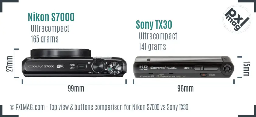 Nikon S7000 vs Sony TX30 top view buttons comparison