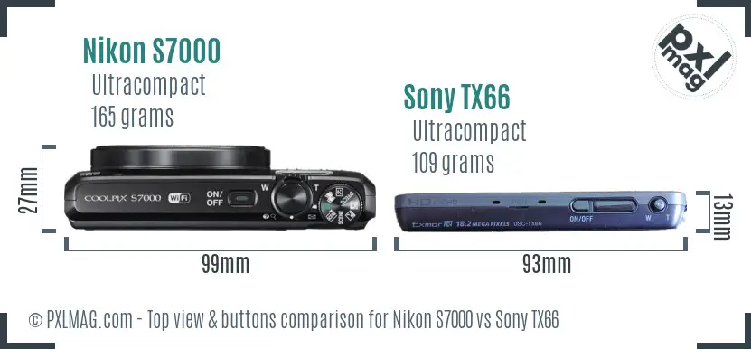 Nikon S7000 vs Sony TX66 top view buttons comparison