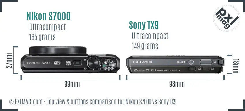 Nikon S7000 vs Sony TX9 top view buttons comparison