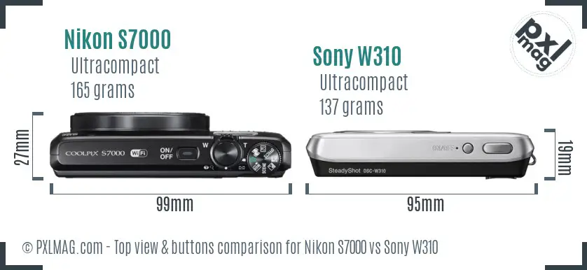 Nikon S7000 vs Sony W310 top view buttons comparison
