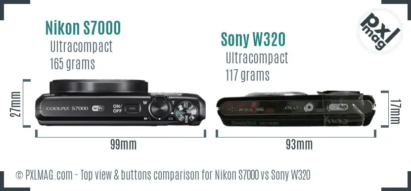 Nikon S7000 vs Sony W320 top view buttons comparison