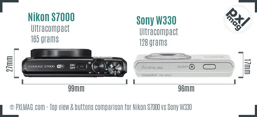 Nikon S7000 vs Sony W330 top view buttons comparison