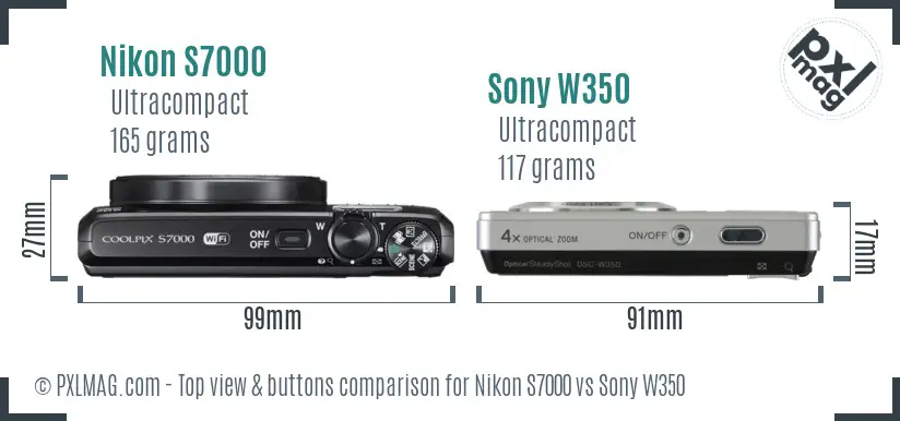 Nikon S7000 vs Sony W350 top view buttons comparison