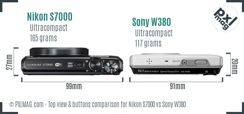Nikon S7000 vs Sony W380 top view buttons comparison