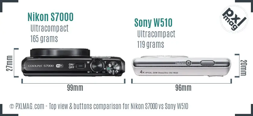 Nikon S7000 vs Sony W510 top view buttons comparison
