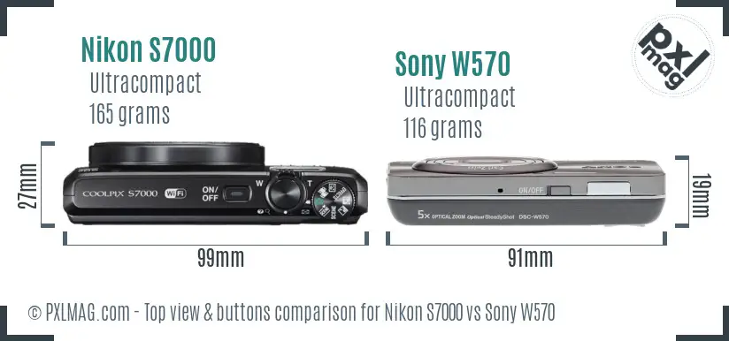 Nikon S7000 vs Sony W570 top view buttons comparison
