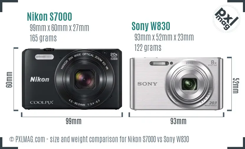 Nikon S7000 vs Sony W830 size comparison