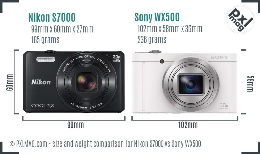 Nikon S7000 vs Sony WX500 size comparison Nikon S7000 vs Sony WX500 size comparison