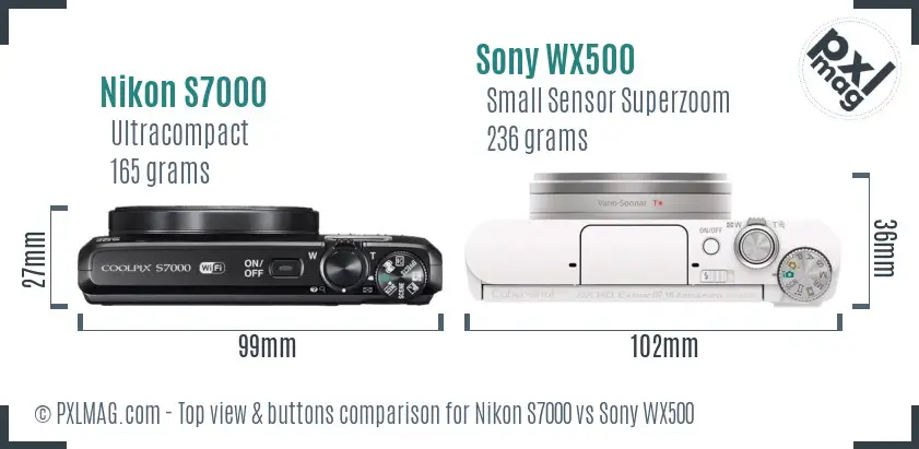 Nikon S7000 vs Sony WX500 top view buttons comparison Nikon S7000 vs Sony WX500 top view buttons comparison