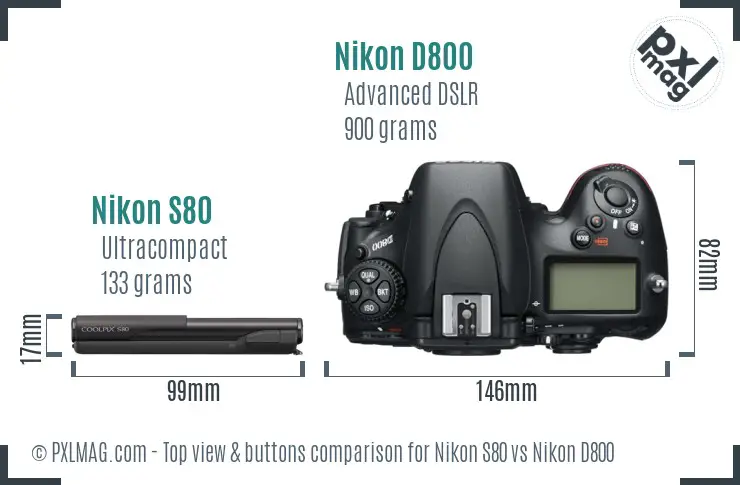 Nikon S80 vs Nikon D800 top view buttons comparison