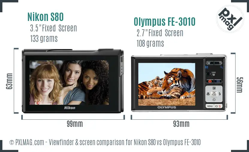 Nikon S80 vs Olympus FE-3010 Screen and Viewfinder comparison