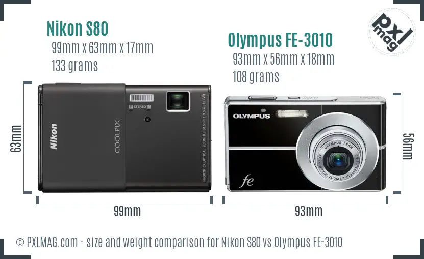 Nikon S80 vs Olympus FE-3010 size comparison