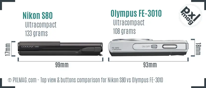Nikon S80 vs Olympus FE-3010 top view buttons comparison