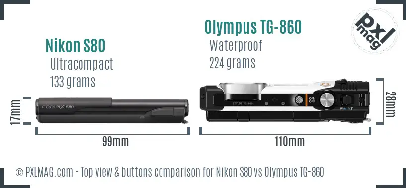 Nikon S80 vs Olympus TG-860 top view buttons comparison