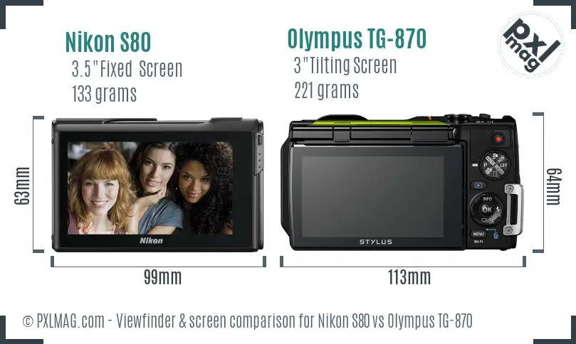 Nikon S80 vs Olympus TG-870 Screen and Viewfinder comparison