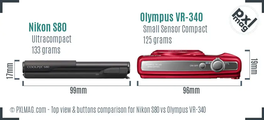 Nikon S80 vs Olympus VR-340 top view buttons comparison