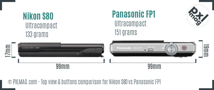 Nikon S80 vs Panasonic FP1 top view buttons comparison