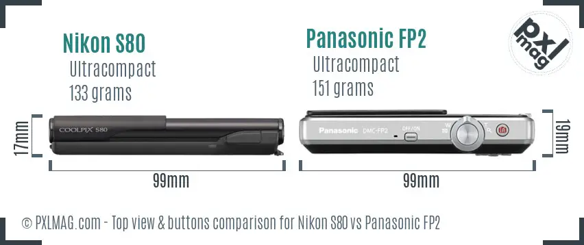 Top view design and control layout comparison of Nikon S80 vs Panasonic FP2