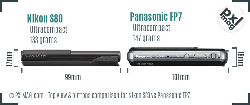 Nikon S80 vs Panasonic FP7 top view buttons comparison