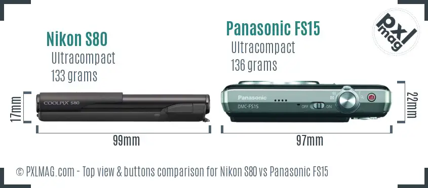 Nikon S80 vs Panasonic FS15 top view buttons comparison