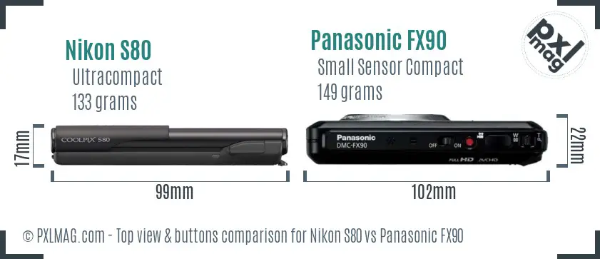 Nikon S80 vs Panasonic FX90 top view buttons comparison