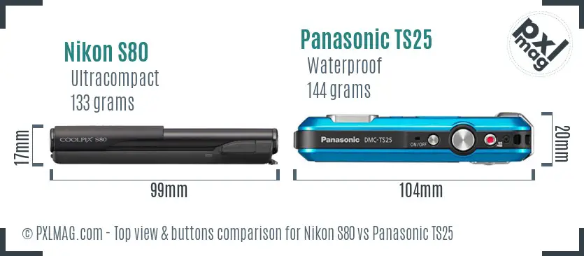 Nikon S80 vs Panasonic TS25 top view buttons comparison